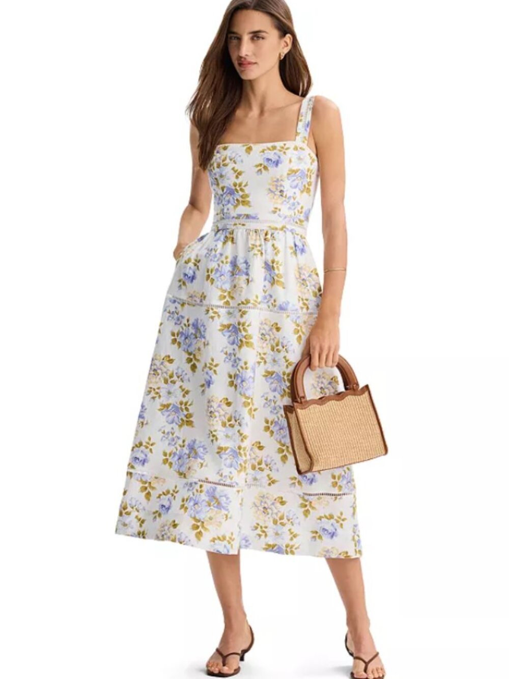 NWT REFORMATION Everett 100% Linen Midi Dress 12 Floral Blue Romantic, Smocked - Picture 4 of 6
